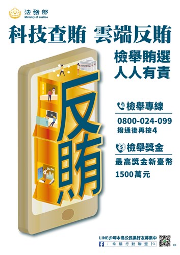 108年反賄選海報-科技查賄 雲諯反賄電話0800-024-099檢舉獎金1500萬元